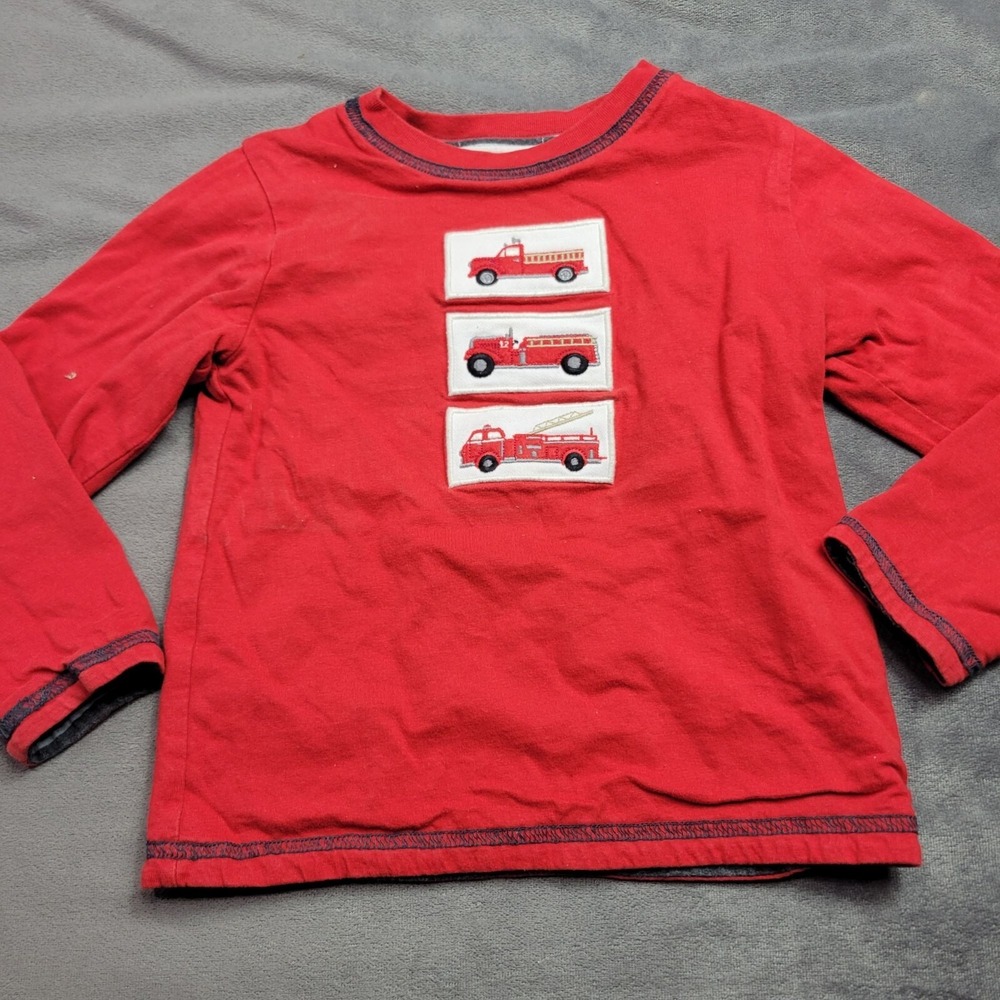 Janie & Jack Kids Red Firetruck Long Sleeve Shirt With Striped Reverse - Reversi